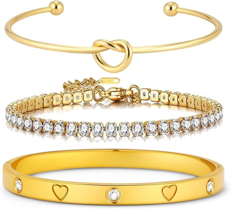FAFUGA 18 K Gold Plated Love Bangle Bracelet Stack Cuff Jewelry for Women Jewelry Set for Women Gift with Box - Image 1